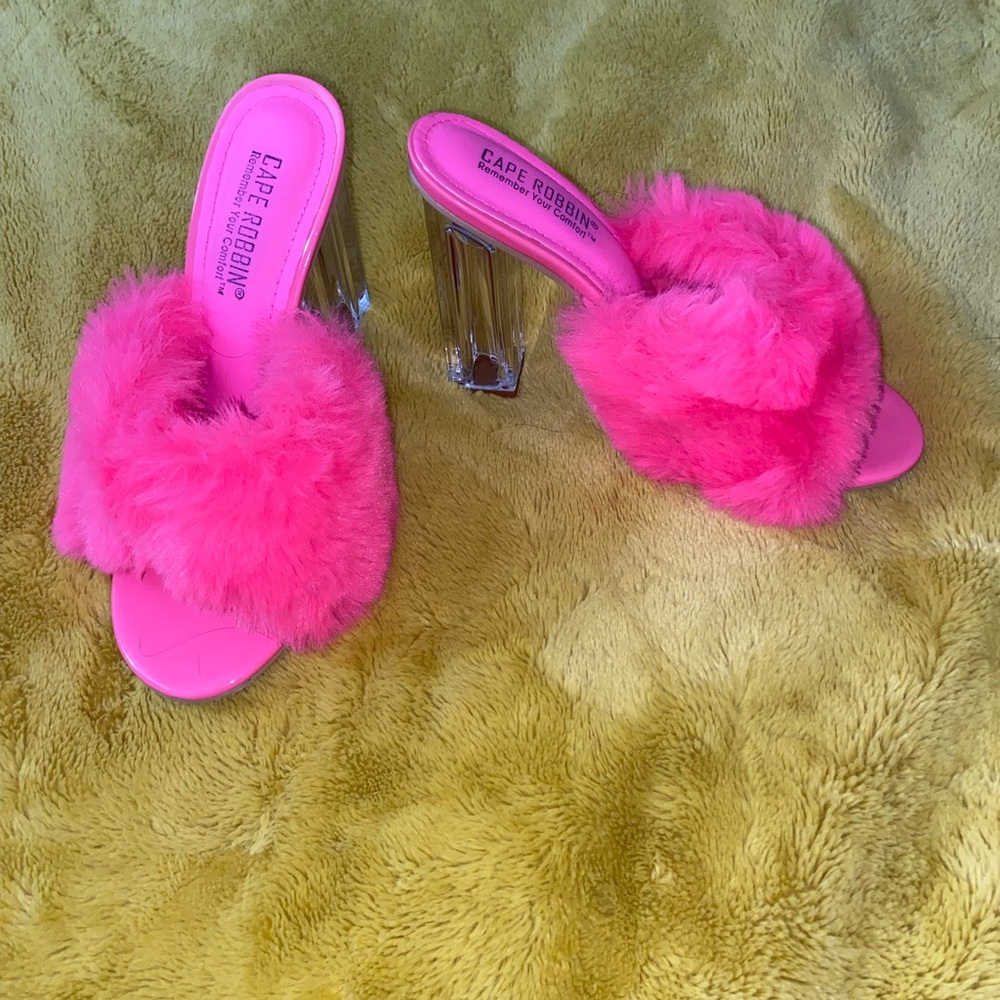 Hot pink furry Barbie mules/ clear heel